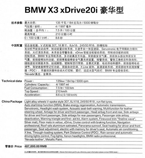 售價48.7萬 寶馬X3-2.0T低功率版可預(yù)訂
