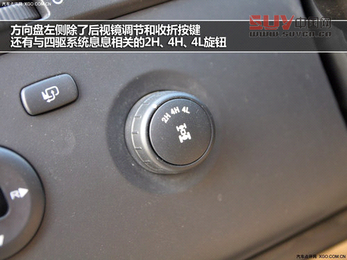 方向盤左側(cè)除了后視鏡調(diào)節(jié)和收折按鍵，還有與四驅(qū)系統(tǒng)息息相關(guān)的2H、4H、4L旋鈕，只需轉(zhuǎn)動(dòng)就可以選擇不同的四驅(qū)模式。