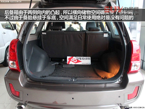 后備箱由于兩側(cè)向內(nèi)的凸起，所以橫向儲(chǔ)物空間確實(shí)受了些影響，不過由于備胎懸掛于車底，空間滿足日常使用絕對是沒有問題的。