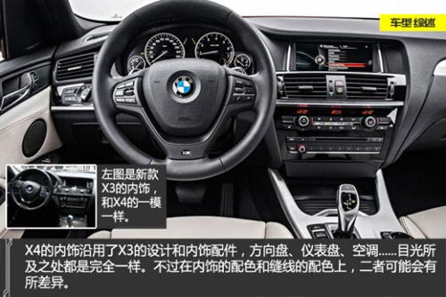 寶馬X4內飾與X3如出一轍，方向盤的造型也沒變，二者可能是內飾的配色會略有差異